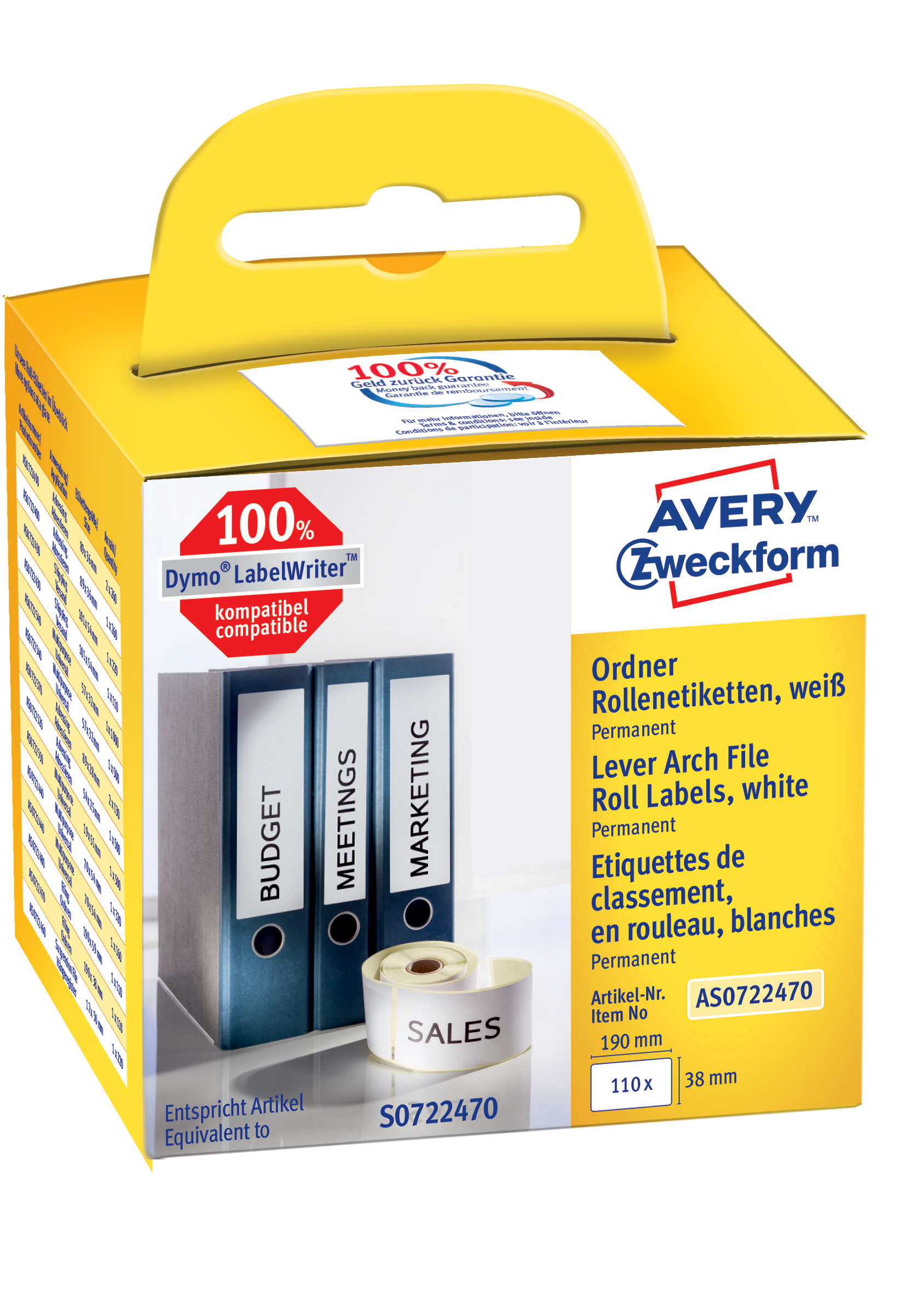 AVERY ZWECKFORM Ordner-Etiketten 190x38mm AS0722470 weiss, Rolle 110 Stück AVERY ZWECKFORM Ordner-Etiketten 190x38mm AS0722470 weiss, Rolle 110 Stück