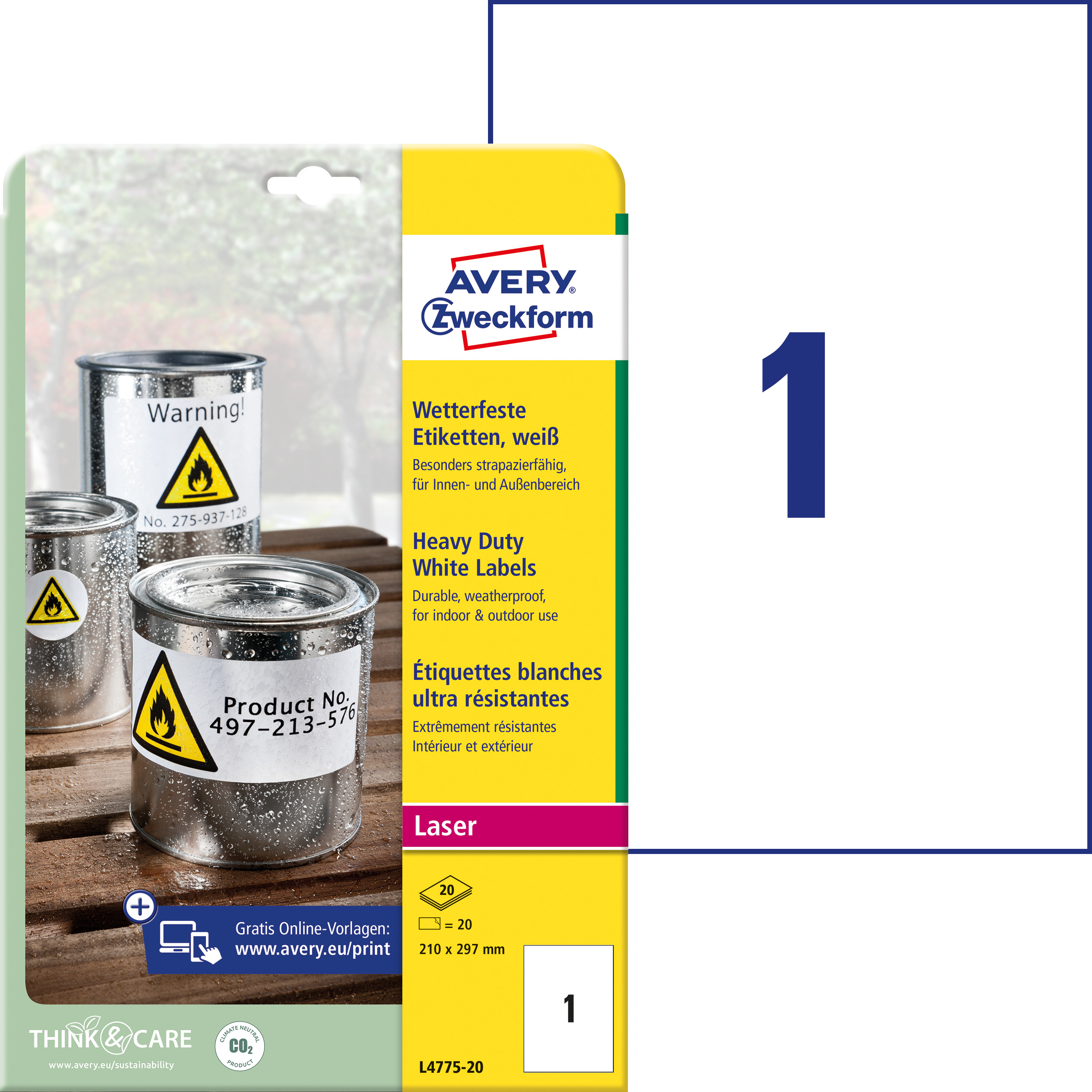 AVERY ZWECKFORM Laser-Etiketten 210x297mm L4775-20 weiss,wetterfest 20 St./20 Bl.