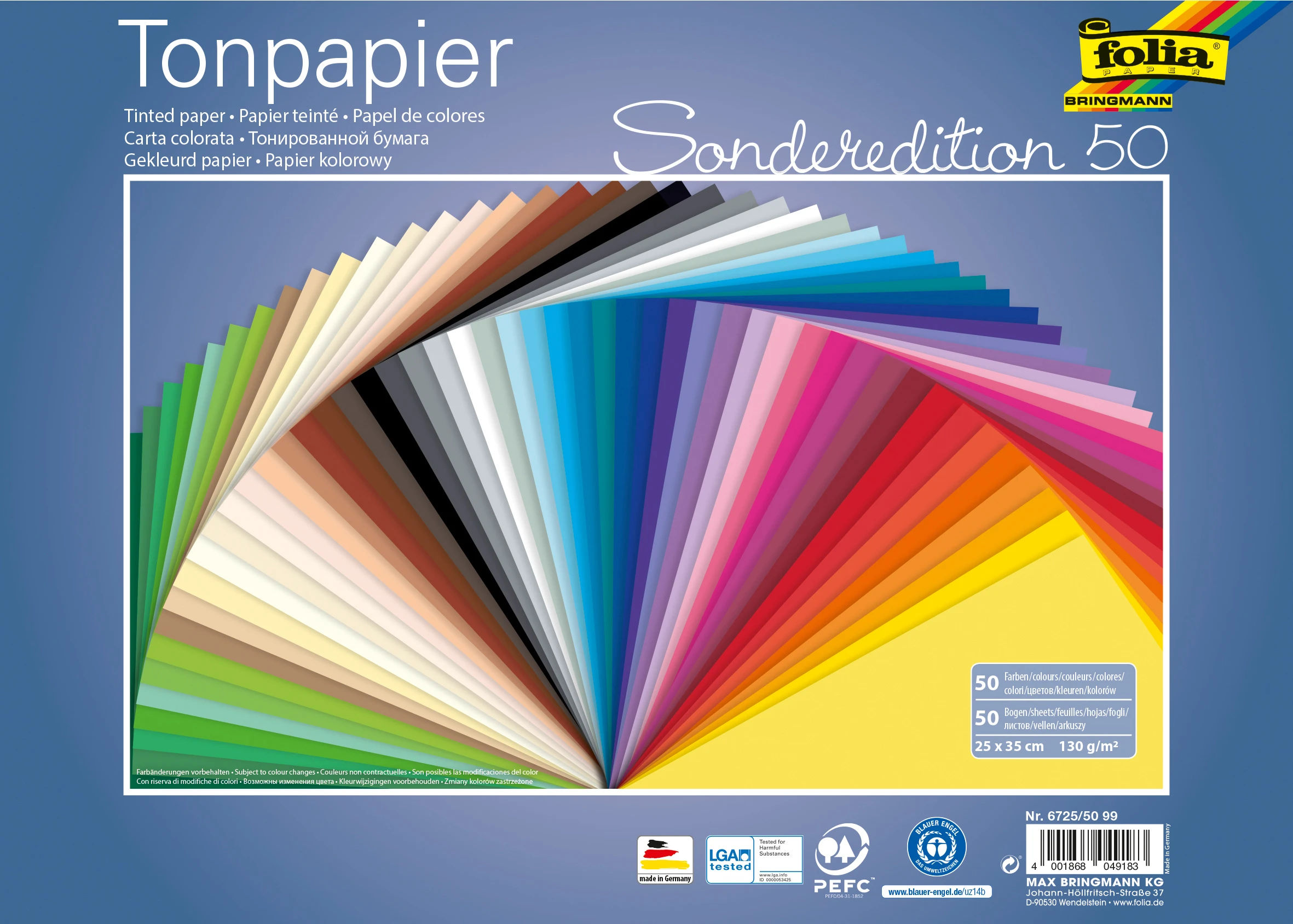FOLIA Tonzeichenpapier 25x35cm 6725/50 99 130g, assortiert 50 Blatt