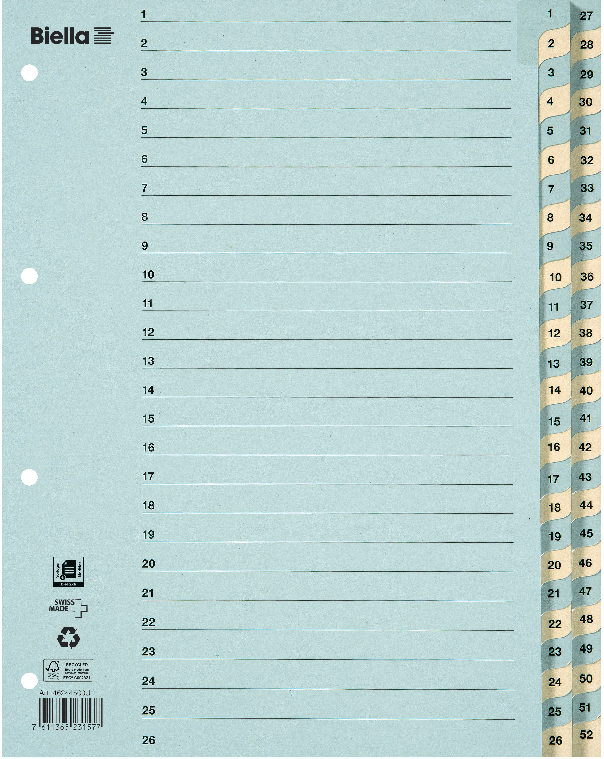 BIELLA Kartonregister 210g A4 46244500U blau/gelb 1-52