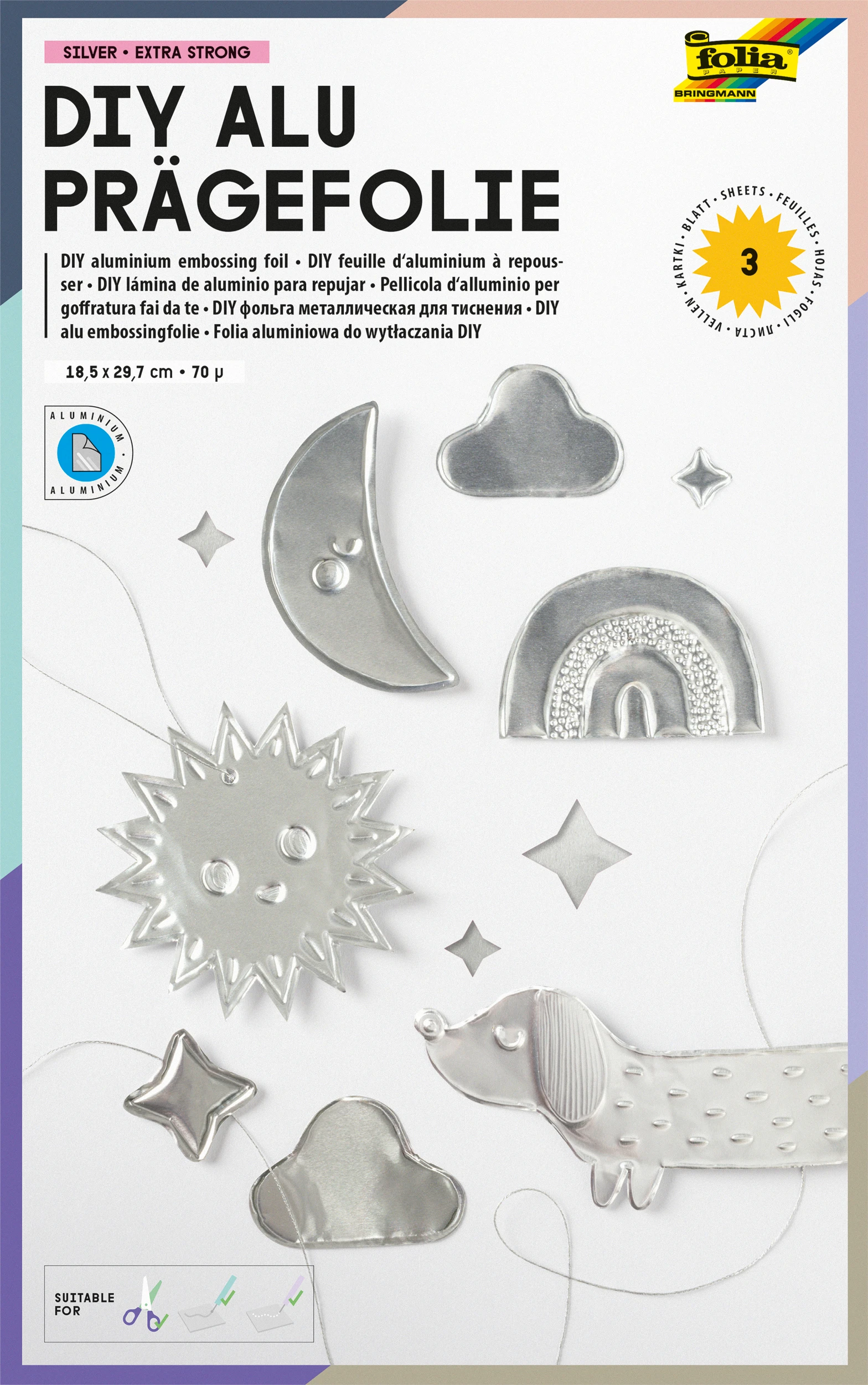 FOLIA DIY Alu Prägefolie 18x29.7cm 522 silber, extra strong 3 Blatt