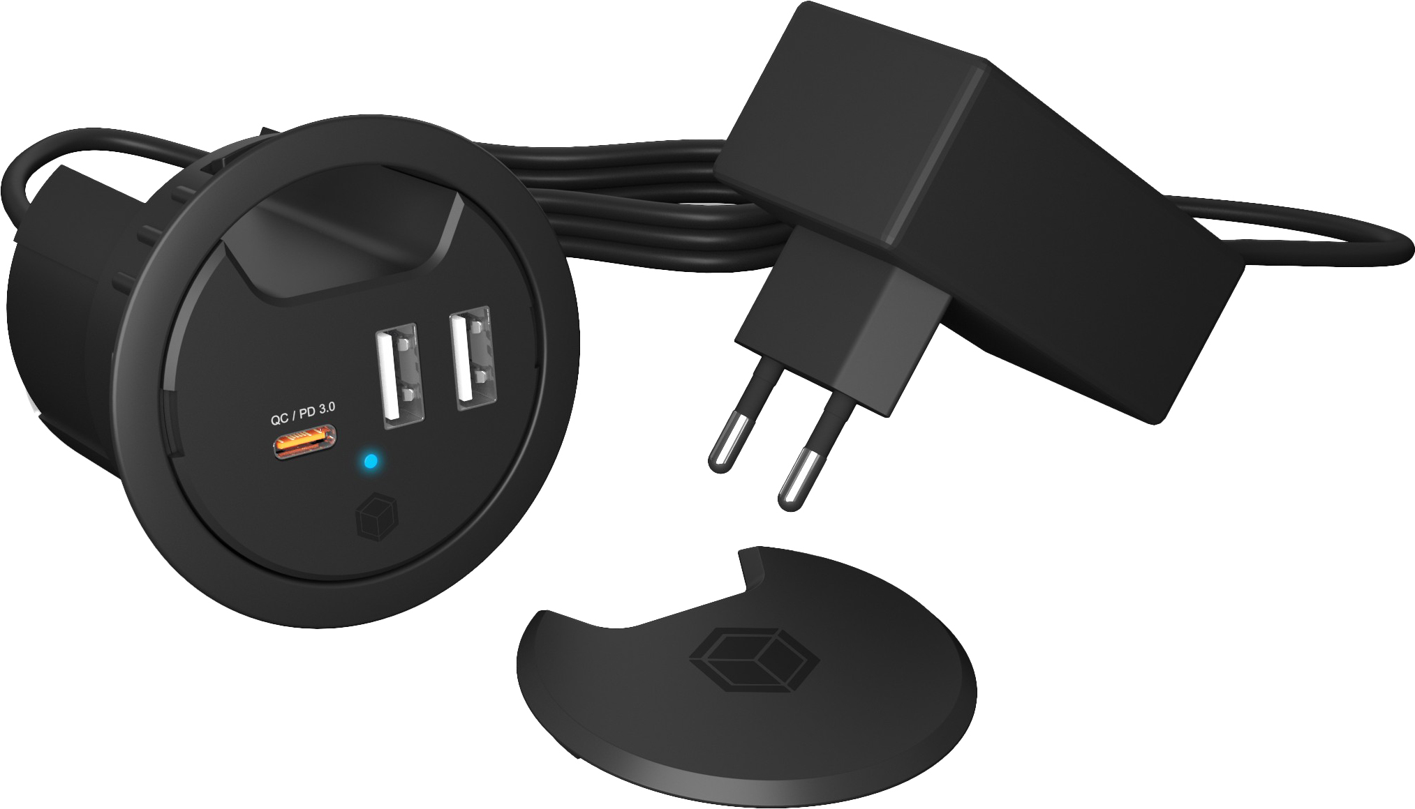 ICY BOX In-Desk USB Hub 60 mm black IB-HUB1407 2x USB-A 10W PD 3.0 & QC 3.0