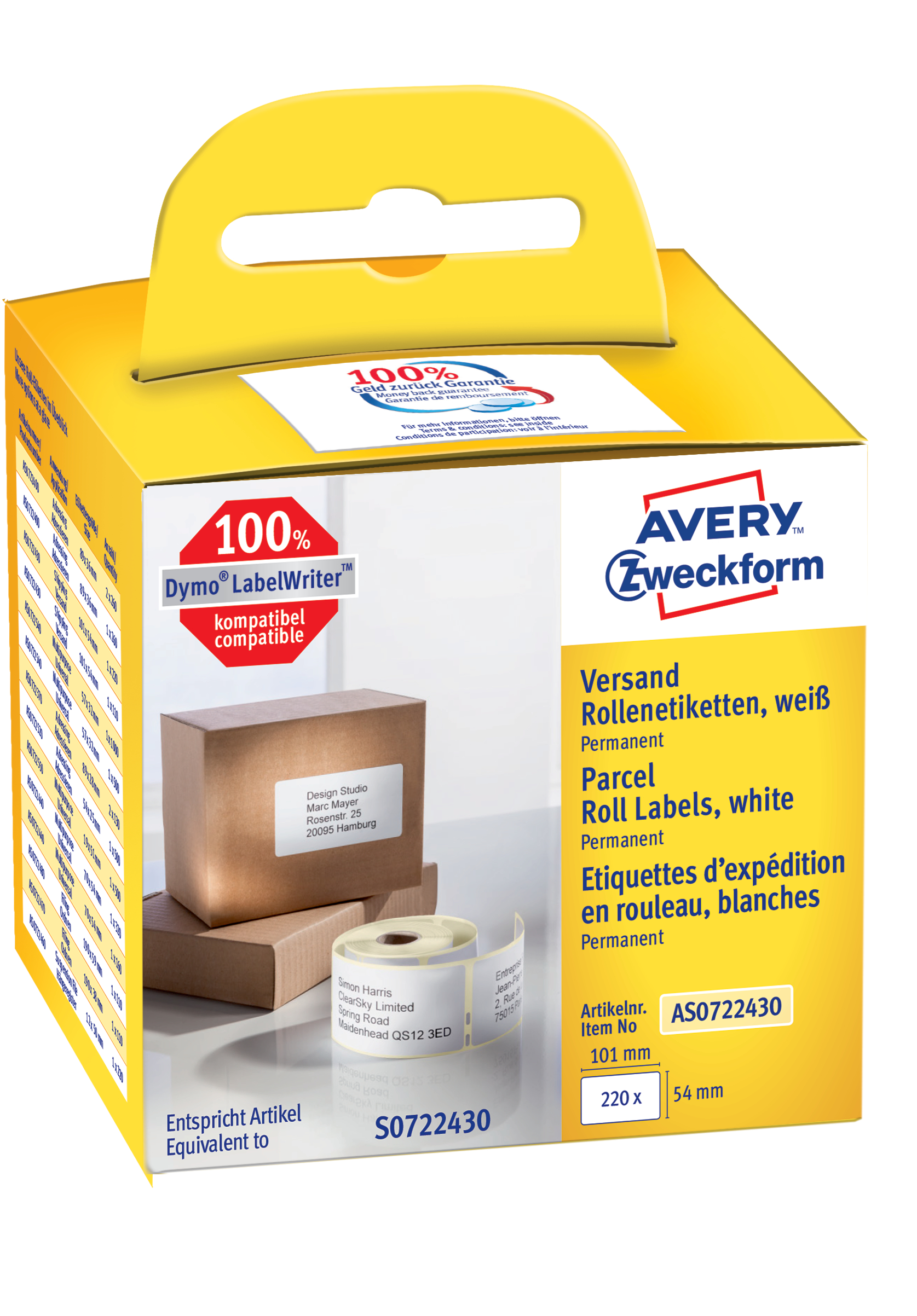 AVERY ZWECKFORM Versand-Etiketten 101x54mm AS0722430 weiss, Rolle 220 Stück AVERY ZWECKFORM Versand-Etiketten 101x54mm AS0722430 weiss, Rolle 220 Stück