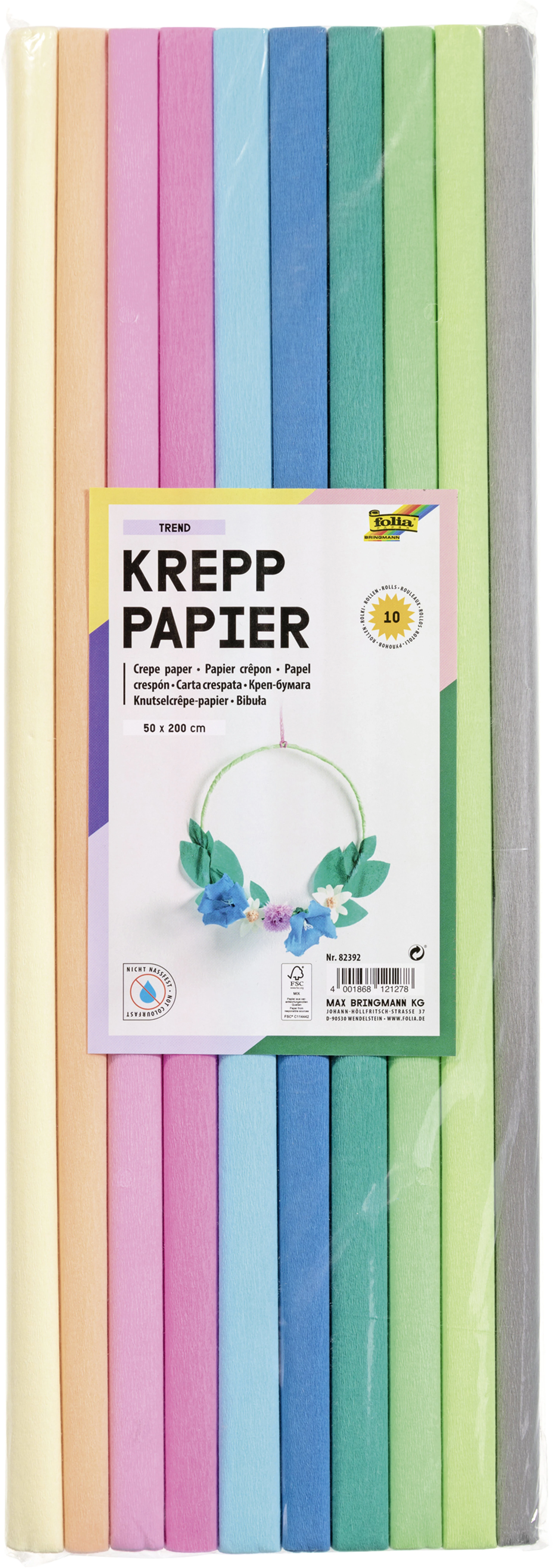 FOLIA Krepppapier 50x200 cm 82392 Trend, 10 Farben 10 Rollen