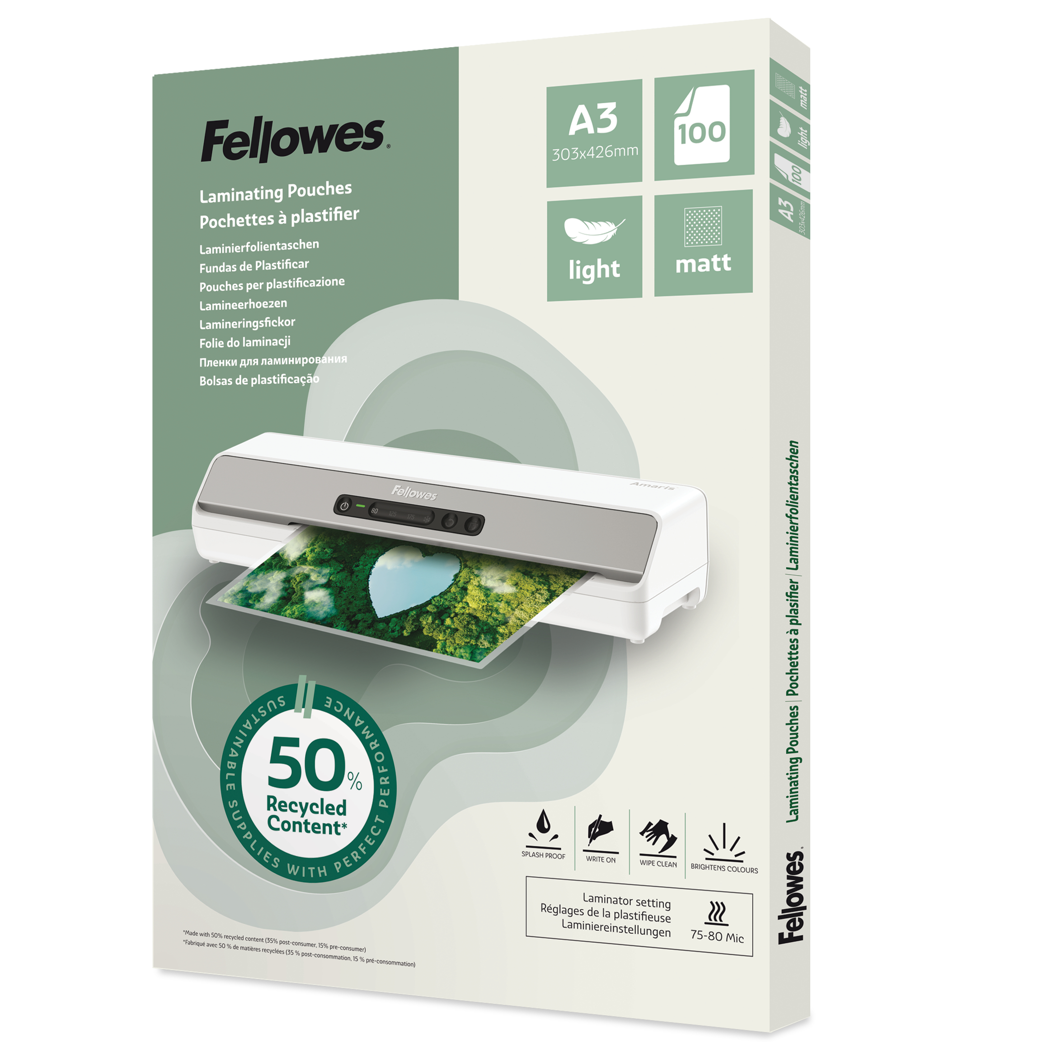 FELLOWES Laminierfolien Recycling A3 100143436 matt, 80 my 100 Stück