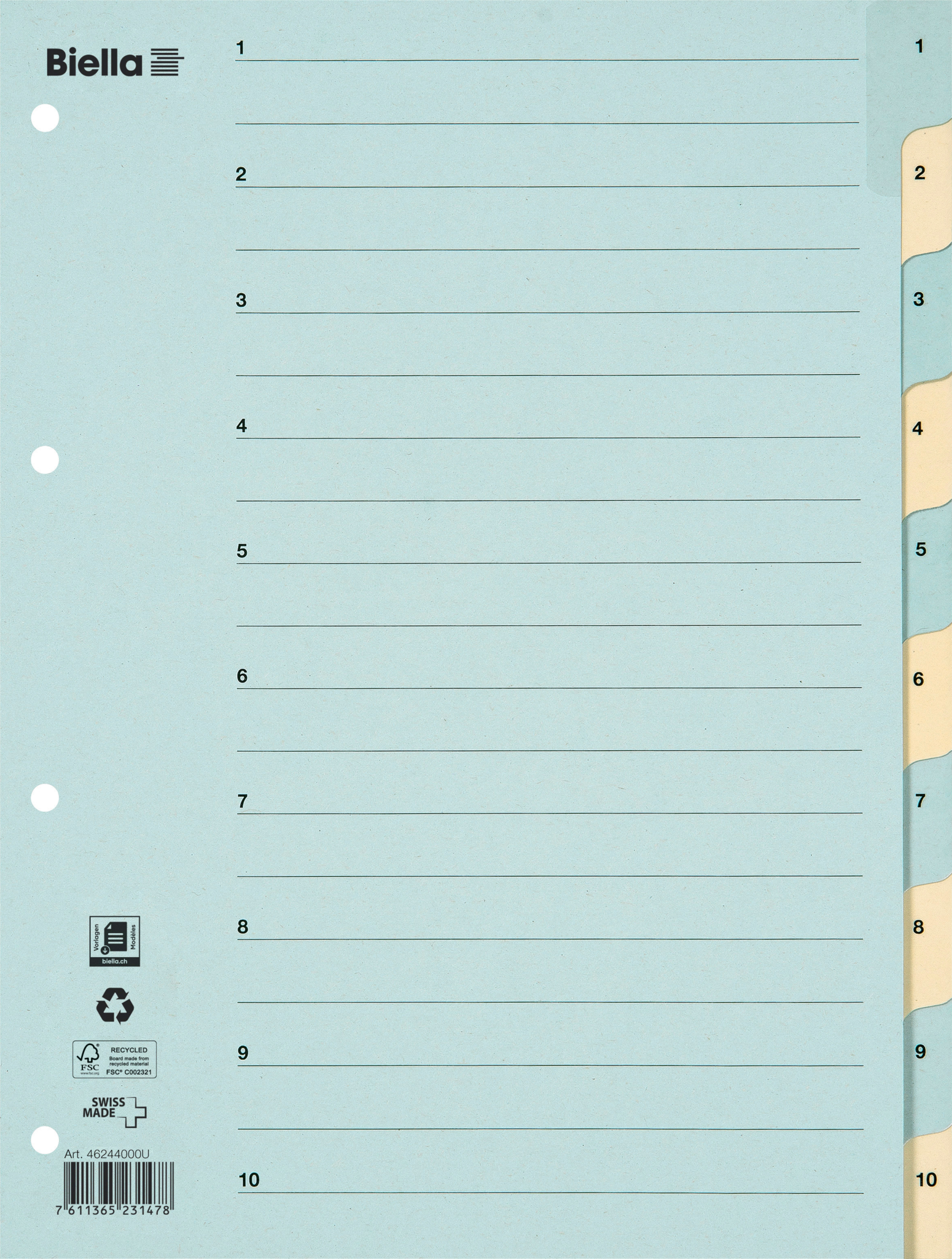 BIELLA Kartonregister 210g A4 46244000U blau/gelb 1-10