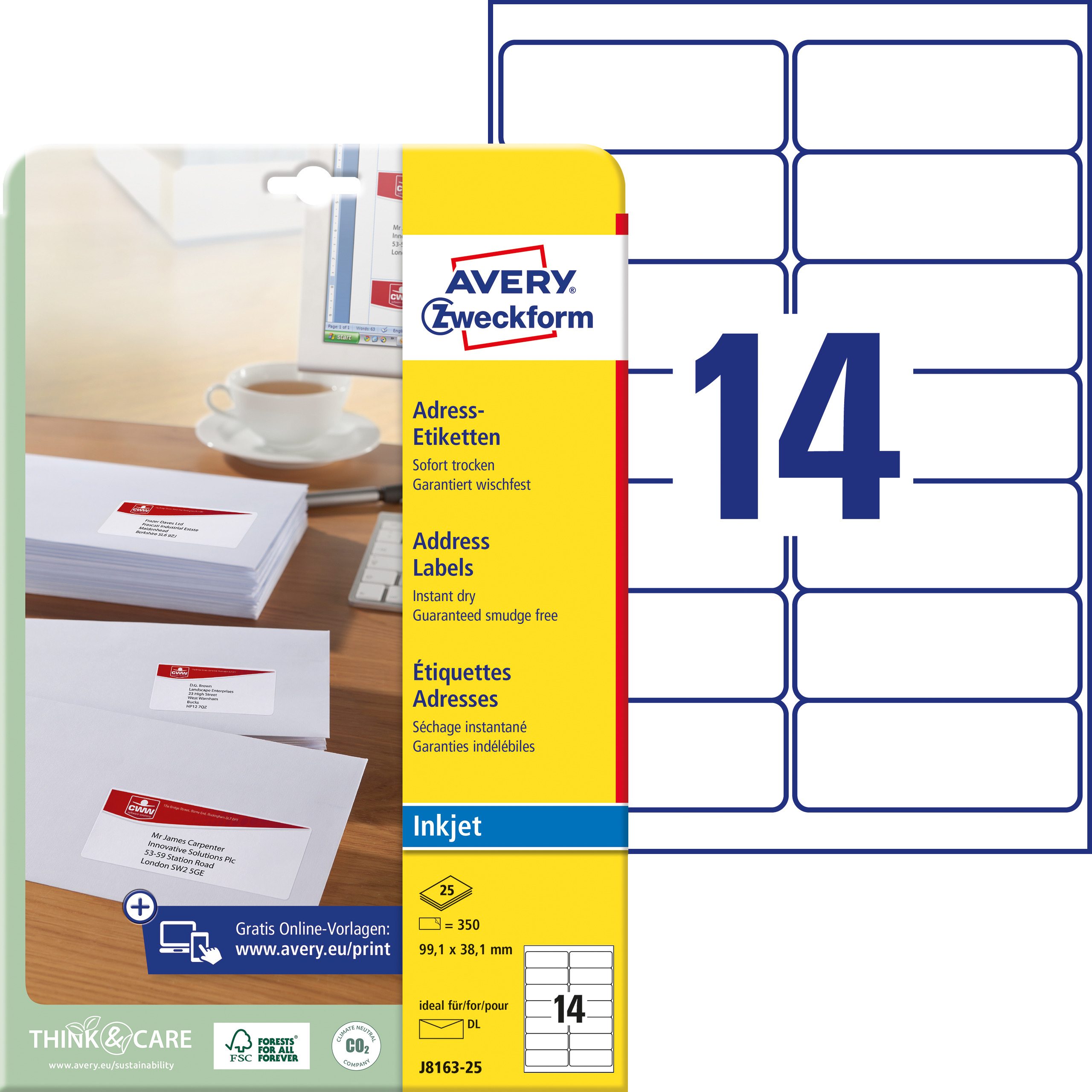 AVERY ZWECKFORM Adressetiketten 99,1x38,1mm J8163-25 weiss 350 Stück