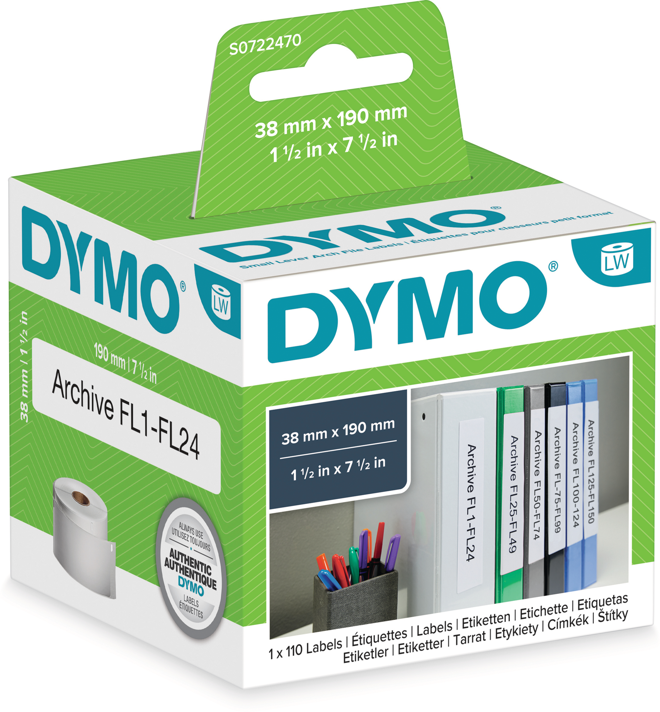 DYMO Etikettenrollen 38x190mm S0722470 weiss, perm. 110 Stück DYMO Etikettenrollen 38x190mm S0722470 weiss, perm. 110 Stück