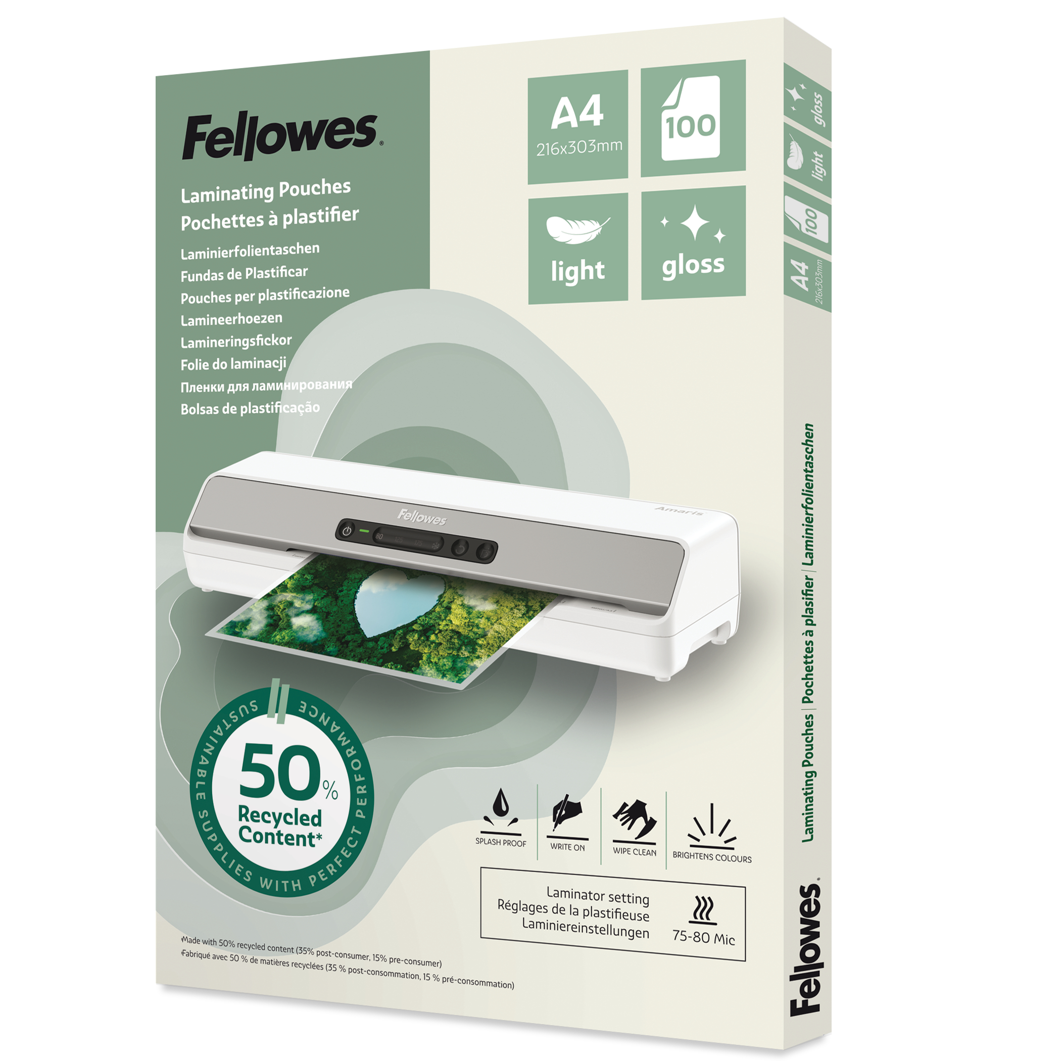 FELLOWES Laminierfolien Recycling A4 100142987 glanz, 80 my 100 Stück