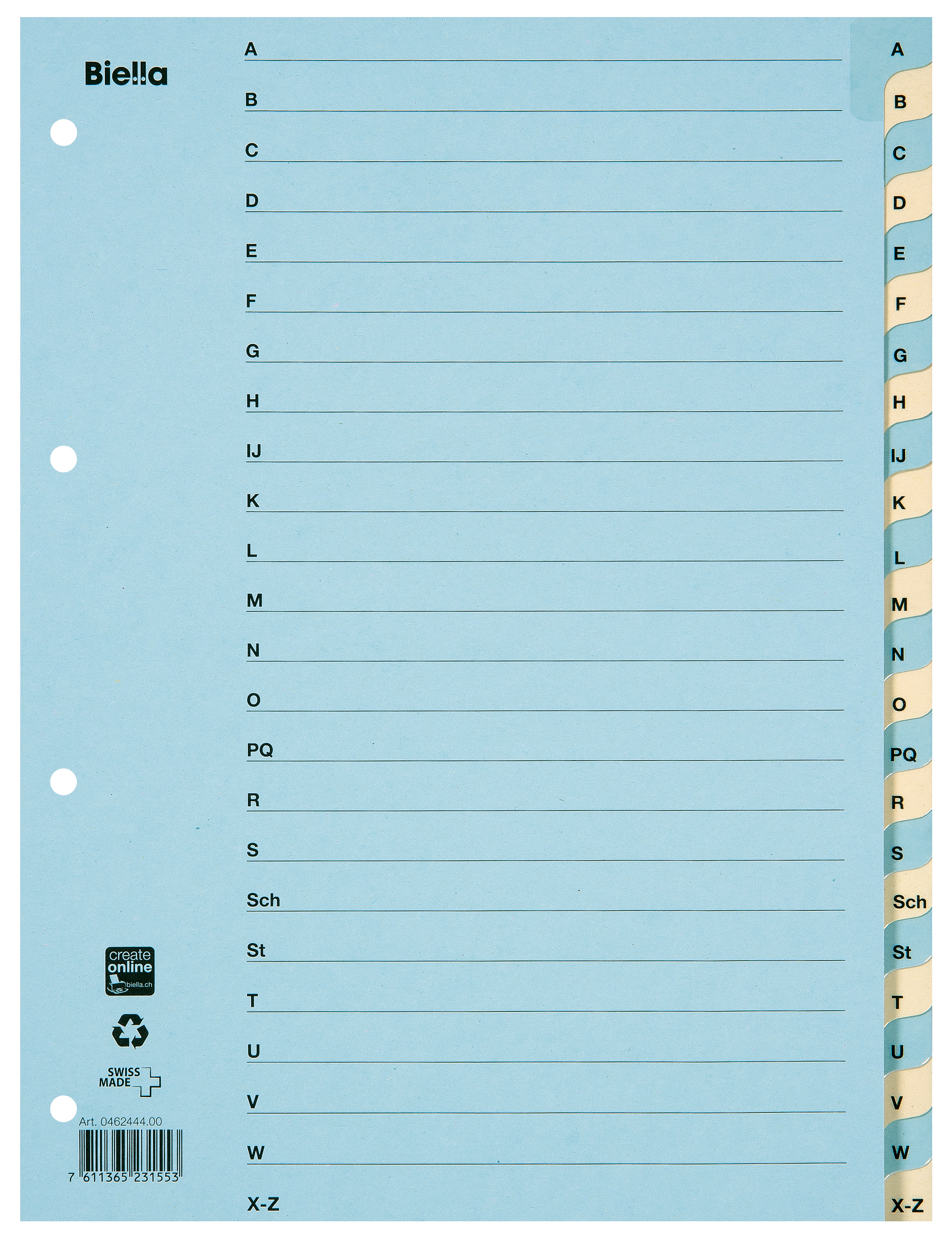 BIELLA Kartonregister 210g A4 46244400U blau/gelb A-Z 24-teilig