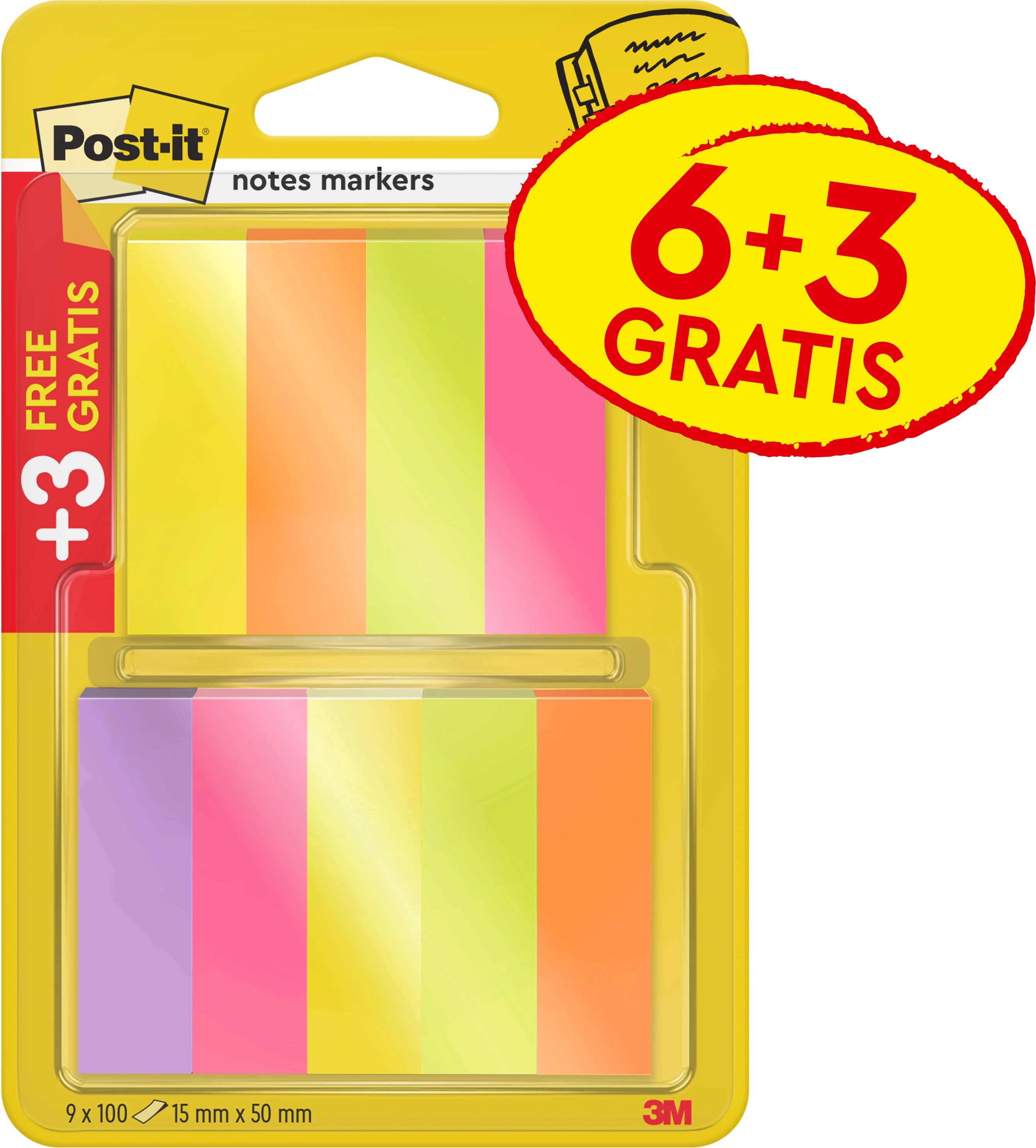 POST-IT Index Paper 15x50mm 670-P6+3 5 -farbig ass. 9x100 Blatt